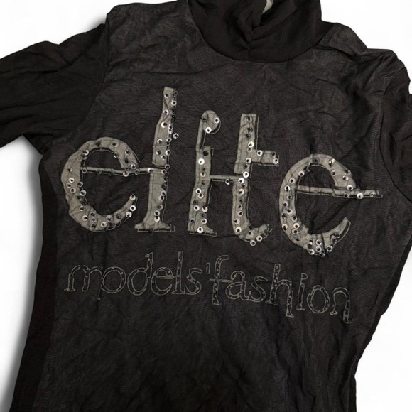 Micro Mesh Turtle Neck Graphic Long Sleeve Y2K Grunge Alt Goth MallCore - Picture 2 of 5